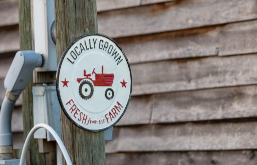 Photo of a pole with a sign that reads "locally grown, fresh from the farm"